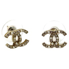 Chanel Brand New Classic Gold CC Crystal Pearl Piercing Earrings 