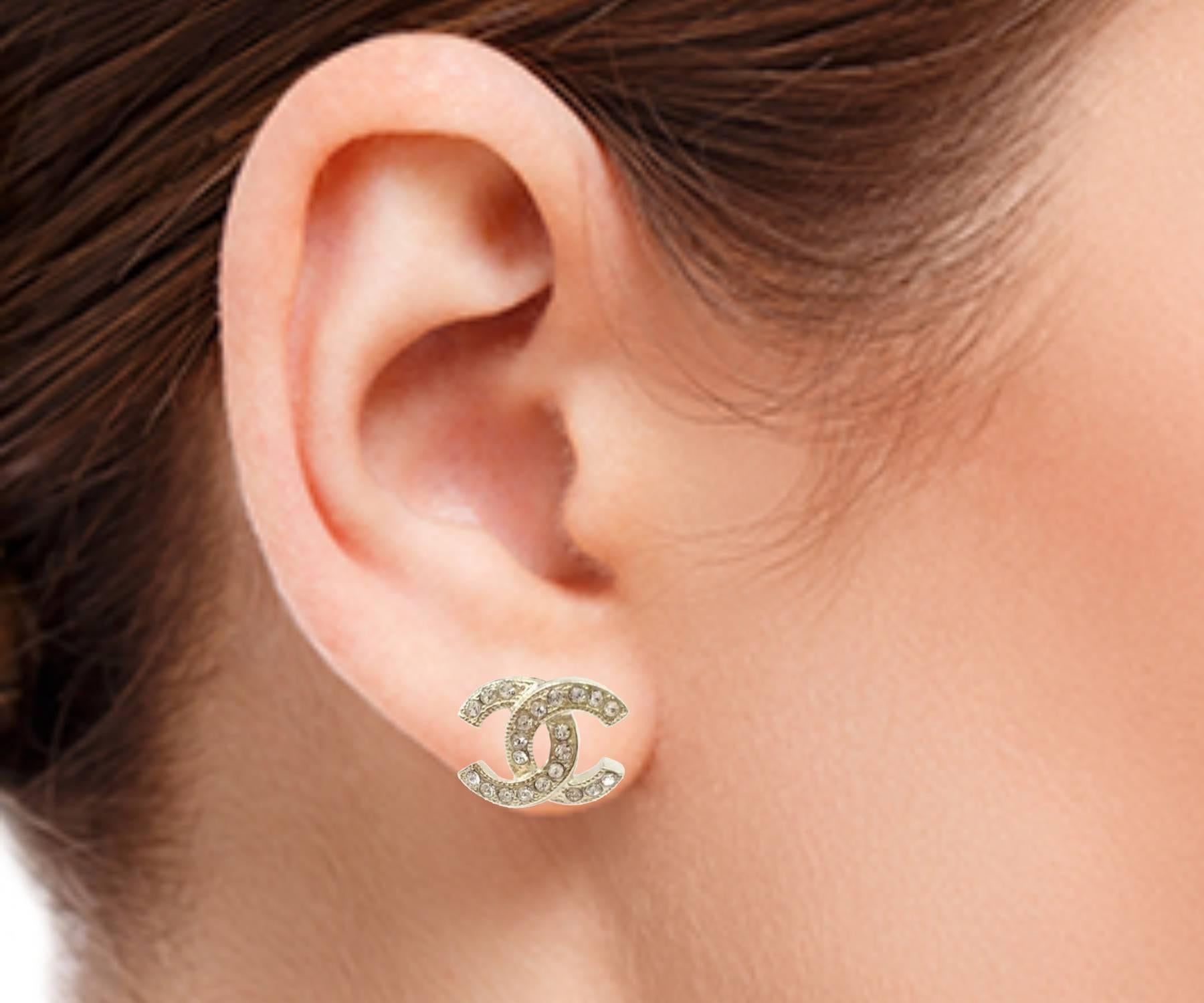 Chanel Brand New Classic Gold CC Crystal Reissued Small Piercing Earrings In New Condition In Pasadena, CA