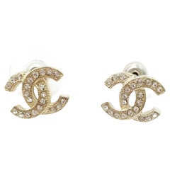 Chanel Brand New Classic Gold CC Crystal Reissued Small Piercing Earrings