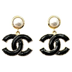 Chanel Brand New Classic Gold Pearl Black CC Medium Dangle Piercing Earrings