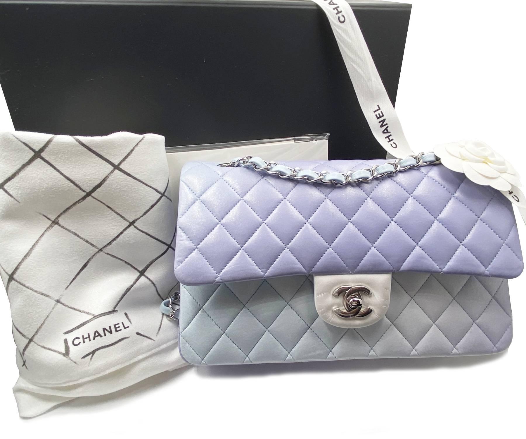 Chanel Brand New Classic Rare 10 Medium Lavender Blue Ombre Degrade Bag

*XXXXXXXX
* Made in France
*Comes with serial sticker bar, receipt, booklet, dustbag, box, camellia flower and ribbon
*Silver Hardware

-Approximately 10″ x 5.5″ x 2.5″
-Strap-