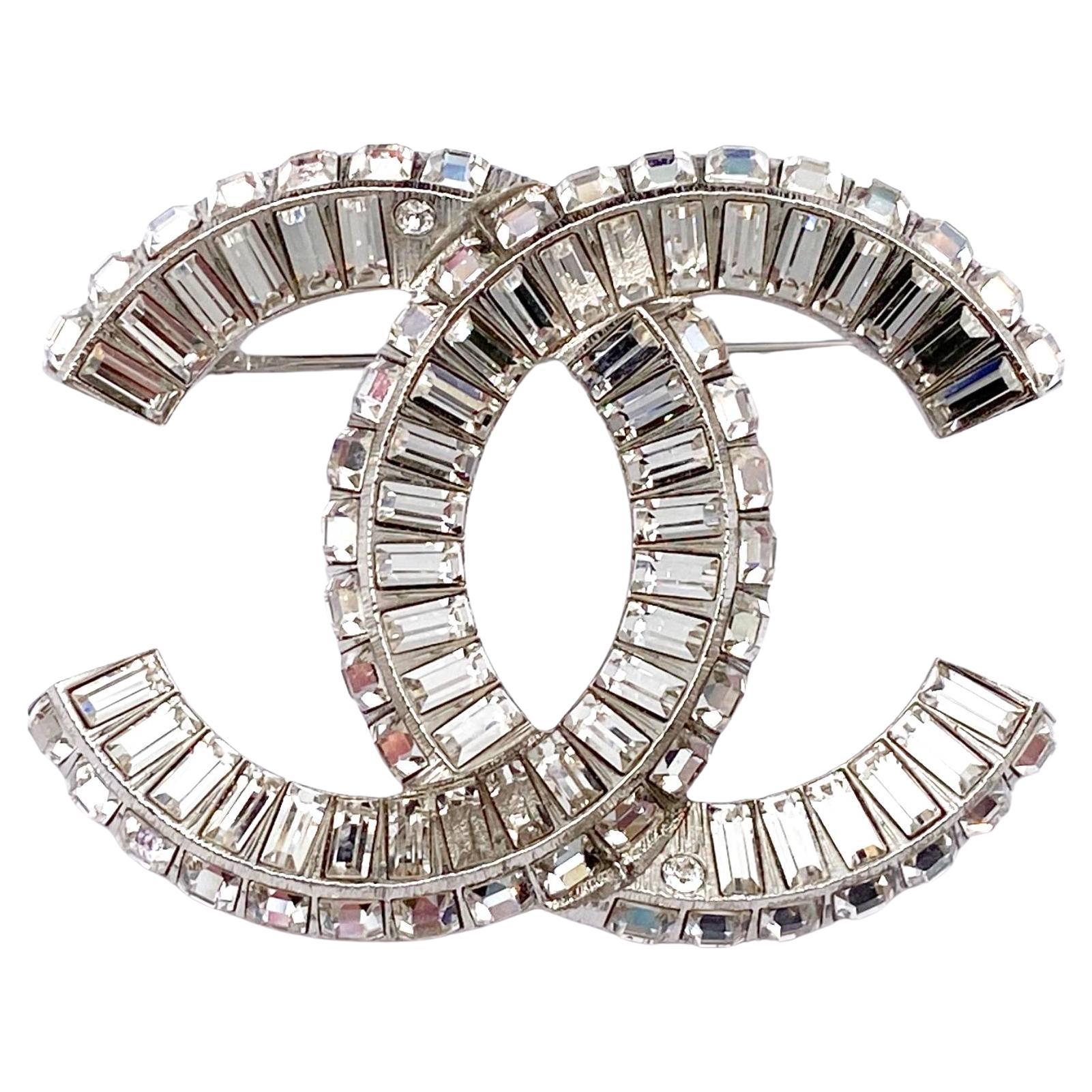 Chanel Brand New Classic Silver CC Baguette Crystal Brooch  For Sale