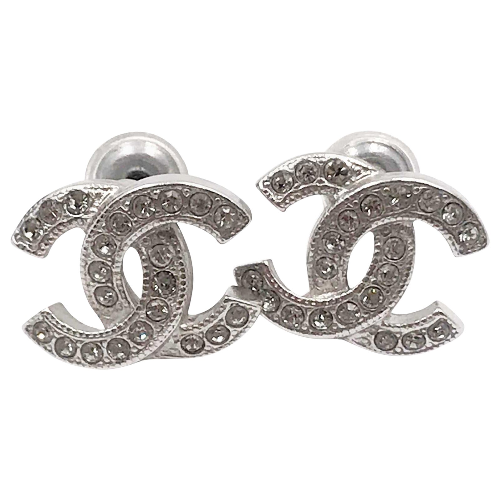 Chanel Brand New Classic Silver CC Crystal Reissued Piercing Earrings For Sale