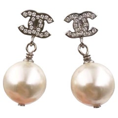 Chanel Brand New Classic Silver Crystal CC Faux Pearl Dangle Piercing Earrings  