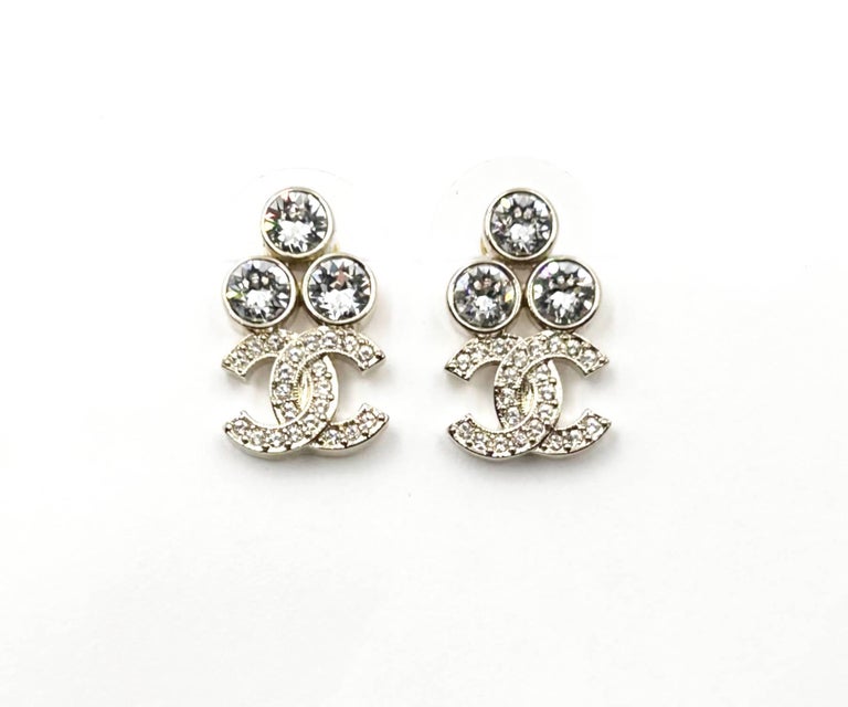 Chanel Brand New Gold 3 Round Crystal CC Small Piercing Earrings For Sale  at 1stDibs