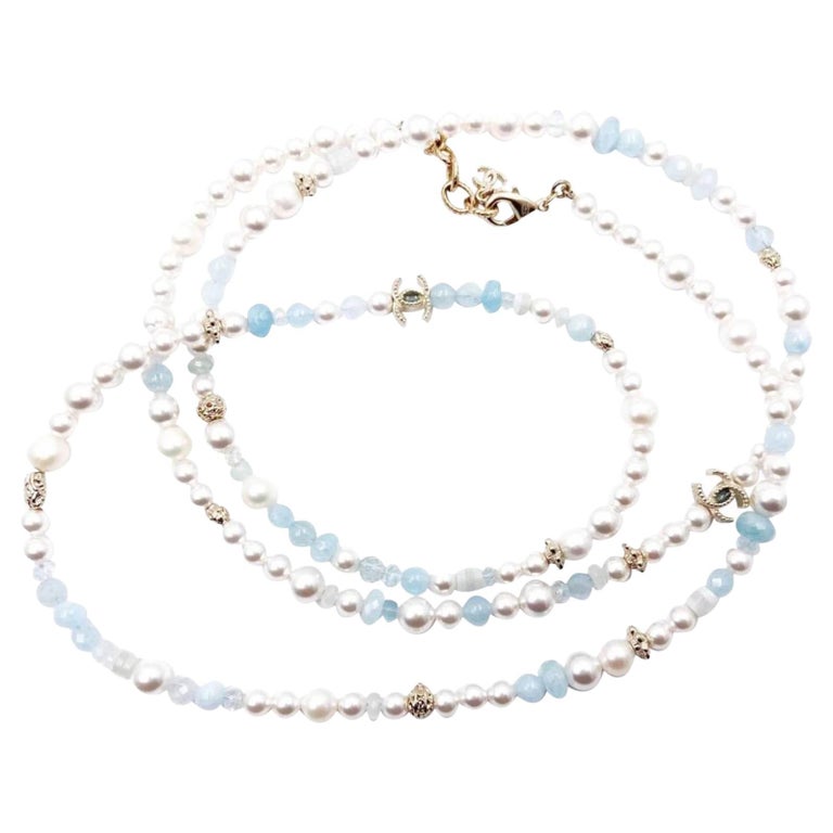Chanel Brand New Gold CC Aquamarine Fresh Pearl Necklace For Sale