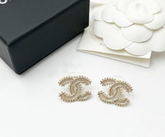 Chanel Brand New Gold CC Beige Enamel Dots Piercing Earrings