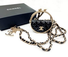 Chanel Brand New Gold CC Black Hula Bag Mirror Large Charm Long Necklace