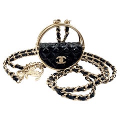 Chanel Brand New Gold CC Black Hula Bag Mirror Large Charm Long Necklace