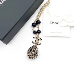 Chanel Brand New Gold CC Black Stone Crystal Tear Drop Pendant Necklace