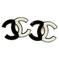 Chanel Brand New Gold CC Black White Half Half Piercing Earrings 