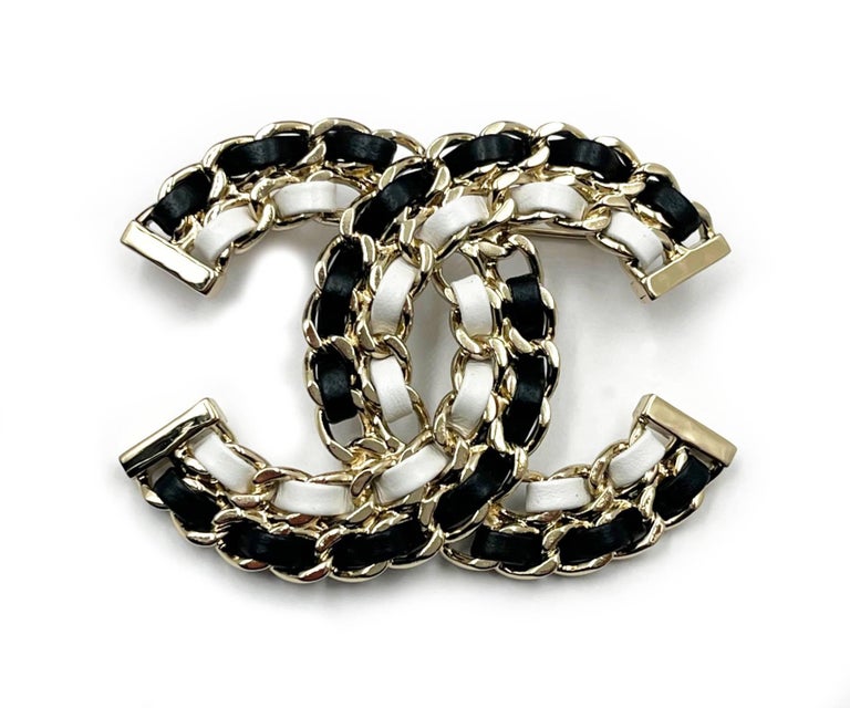 Chanel Brand New Gold CC Black White Leather Chain Large Brooch