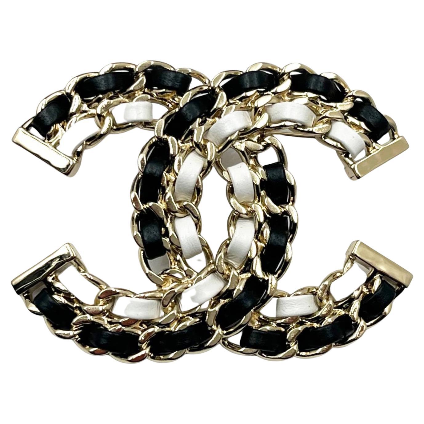 Chanel Brand New Gold CC Black White Leather Chain Large Brooch For Sale