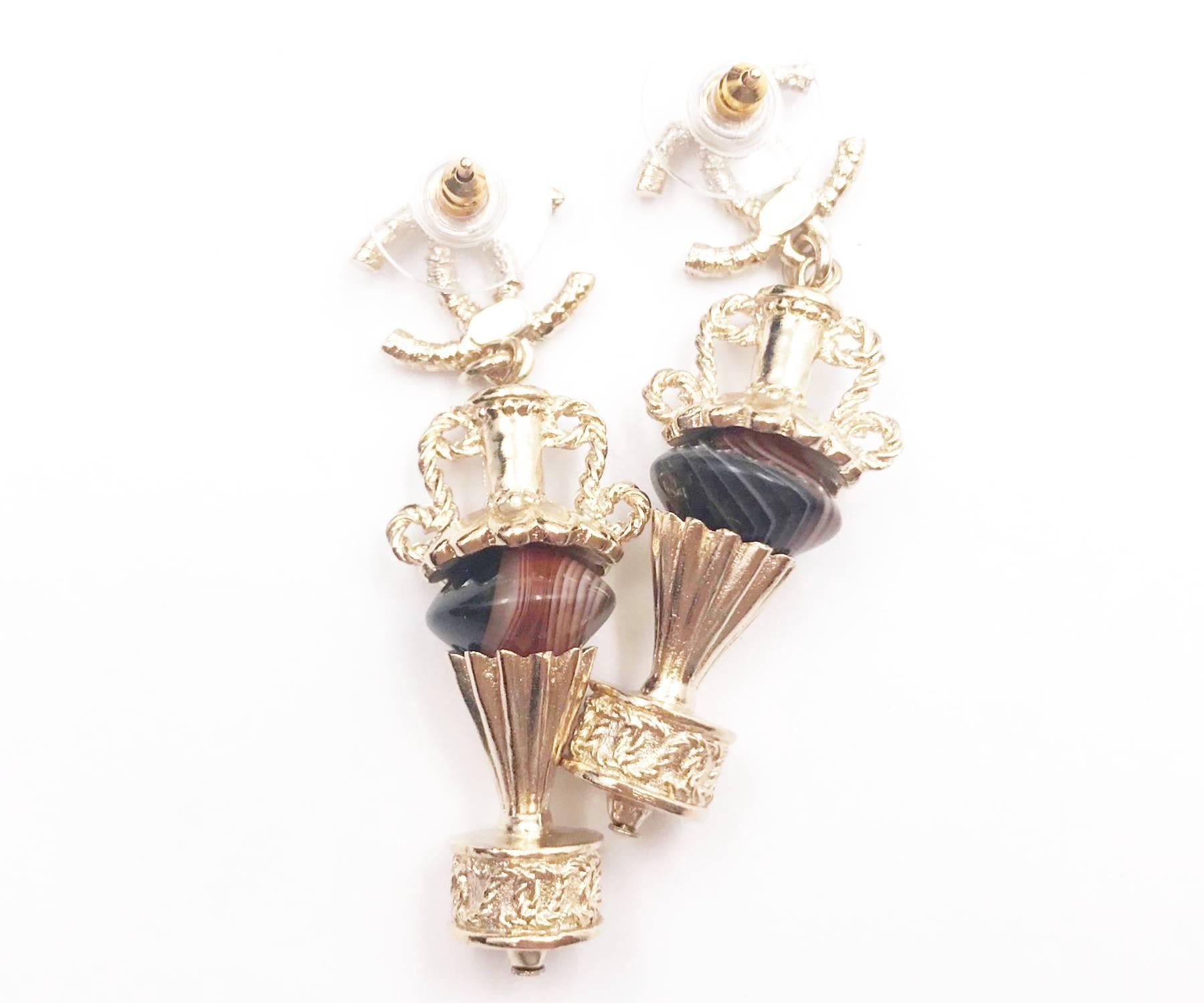 Chanel Brand New Gold CC Brown Stone Amphora Piercing Earrings In New Condition For Sale In Pasadena, CA
