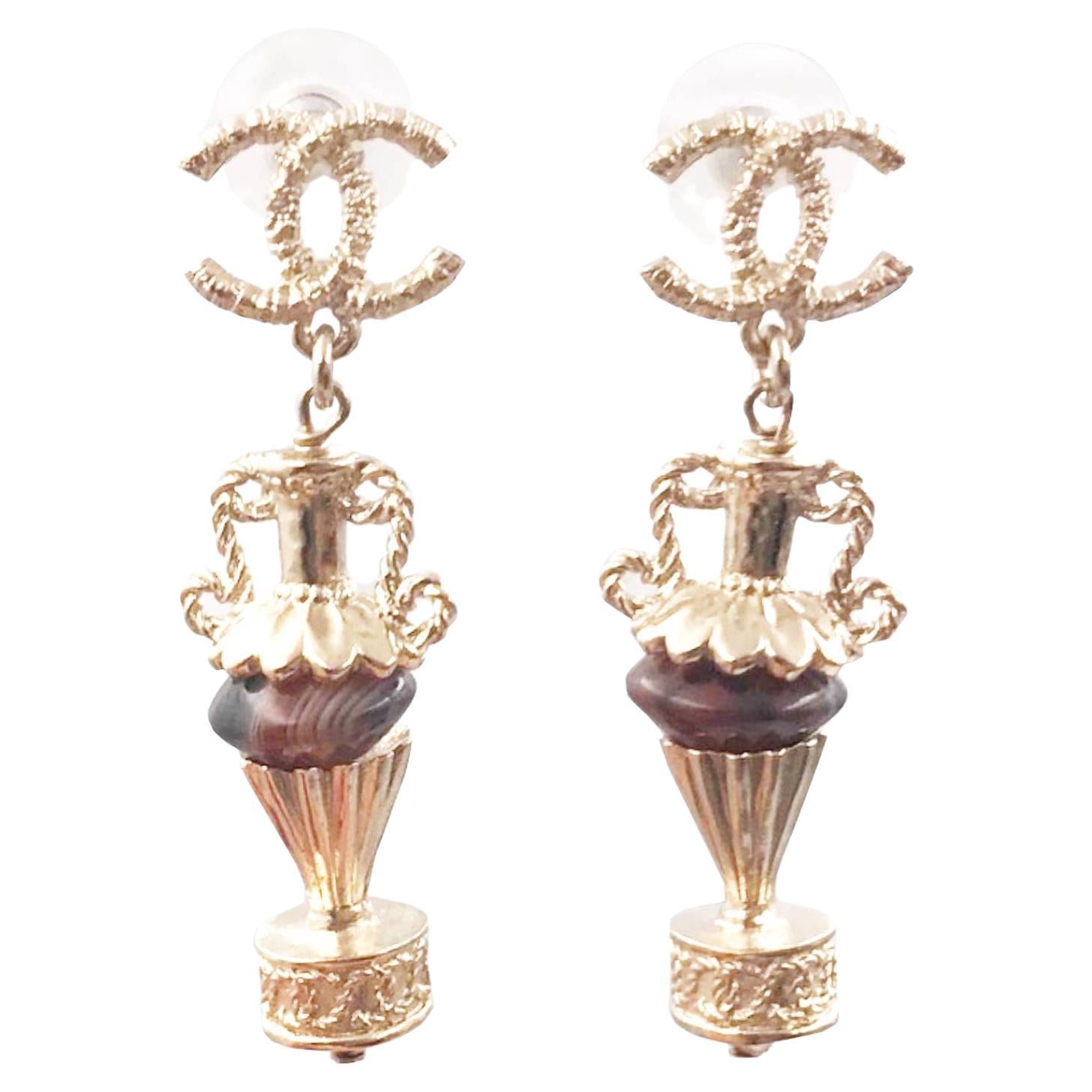 Chanel Brand New Gold CC Brown Stone Amphora Piercing Earrings For Sale