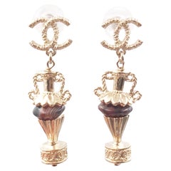 Chanel Brand New Gold CC Brown Stone Amphora Piercing Earrings