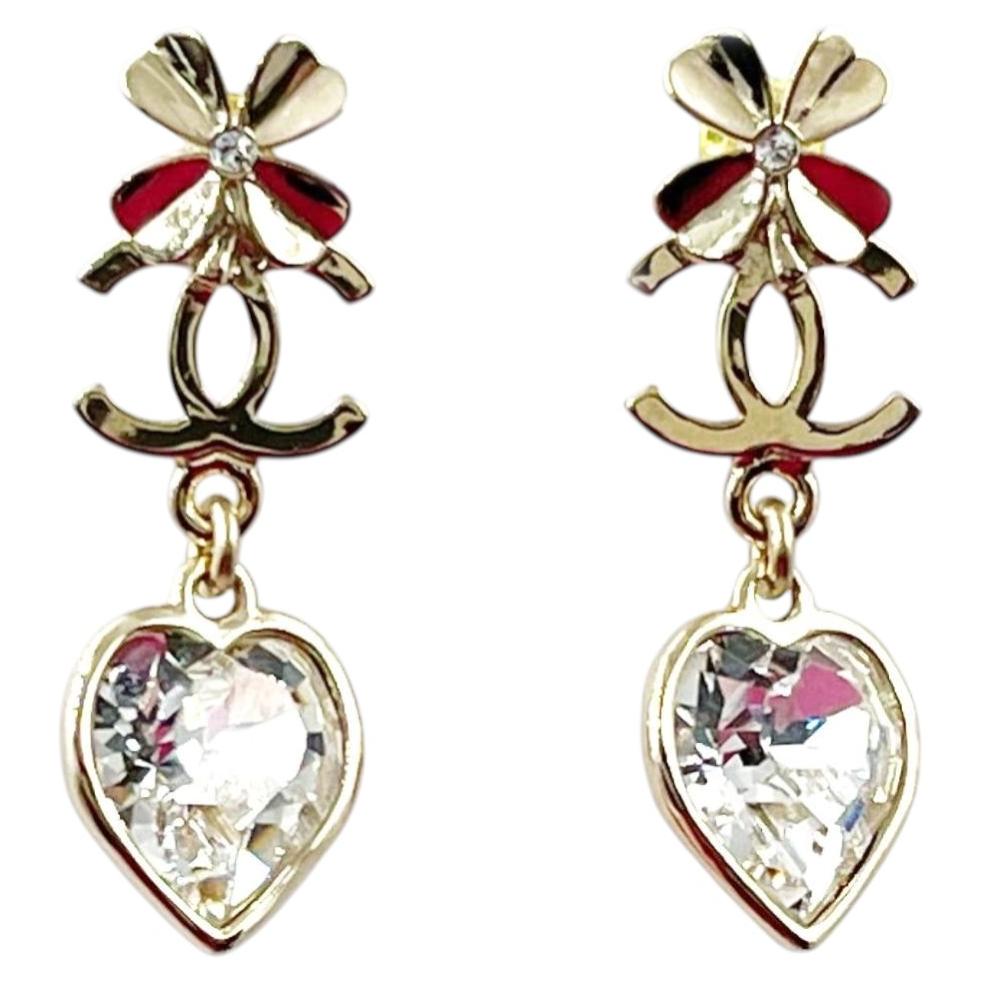 Chanel Brand New Gold CC Clover CC Heart Crystal Dangle Piercing Earrings