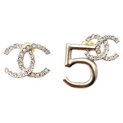 Chanel Brand New Gold CC Crystal 5 Asymmetrical Piercing Earrings 