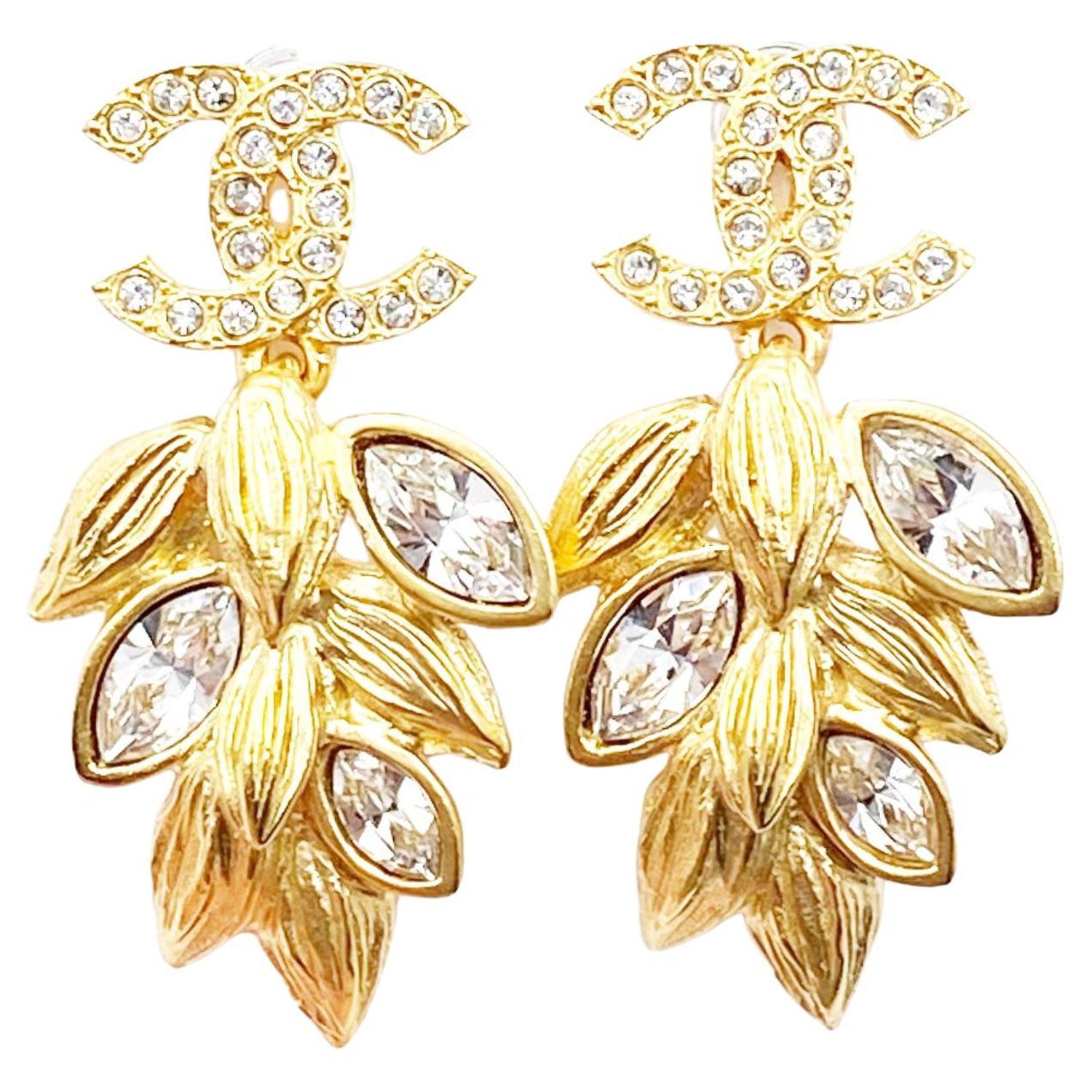 Chanel Gold CC Crystal Double CC Dangle Piercing Earrings For Sale