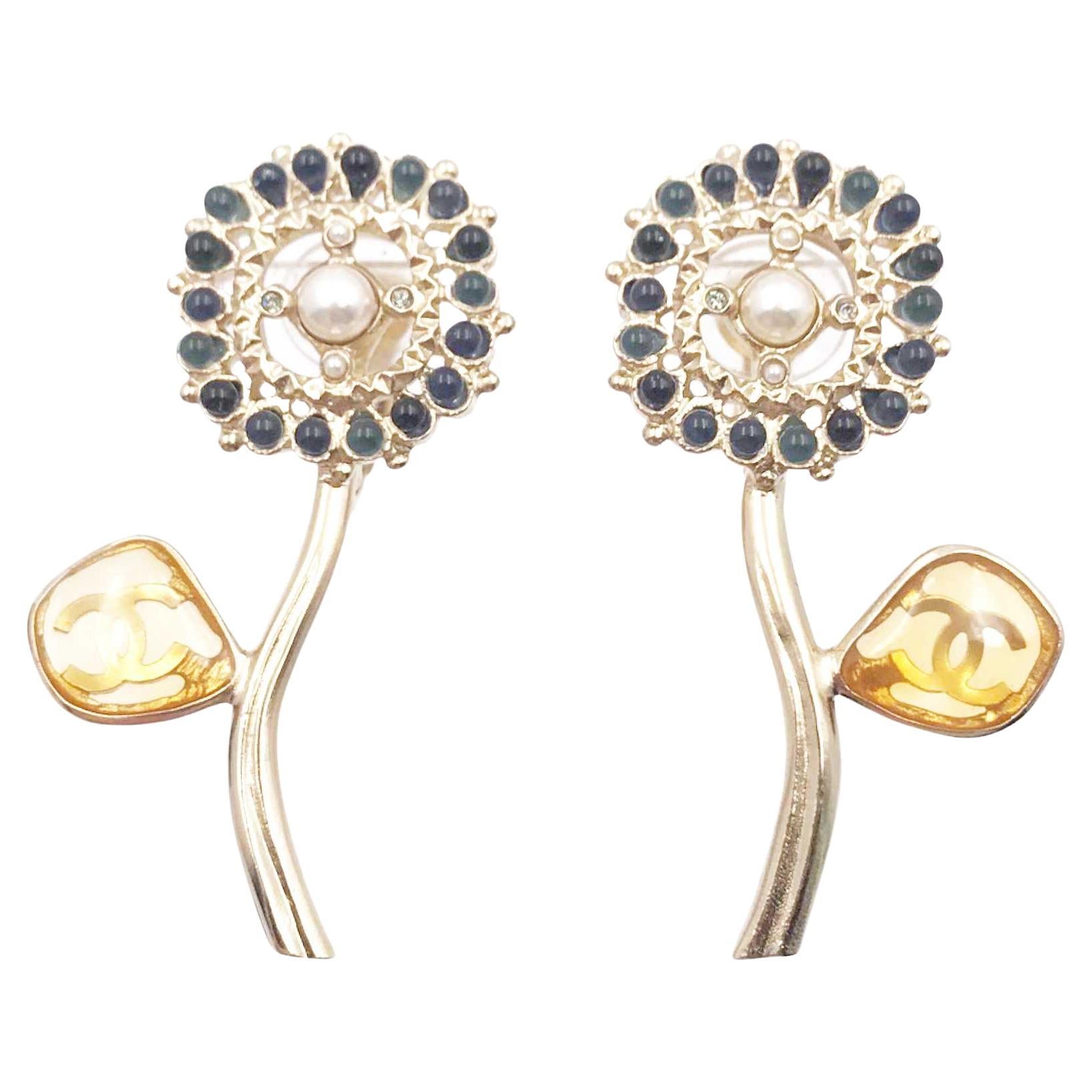 Chanel Brand New Gold CC Flower Blue Stone Stem Clip on Earrings