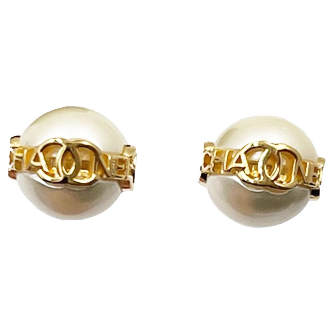 Chanel Brand New Gold CC Letter Pearl Piercing Earrings For Sale