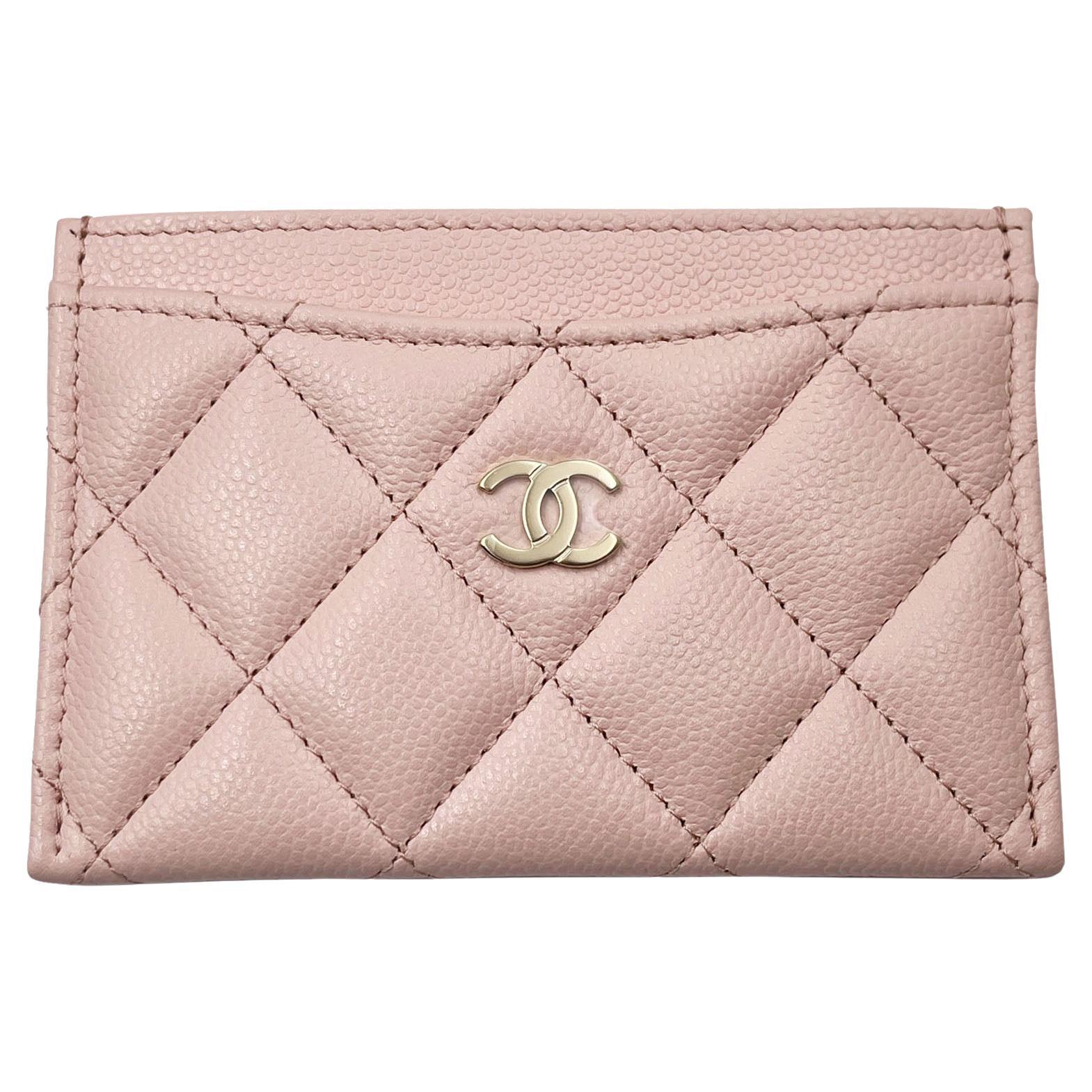 Chanel Brand New Gold CC Pale Pink Caviar Card Holder  For Sale