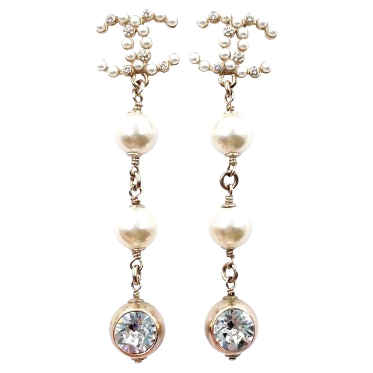 Chanel Brand New Gold CC Pearl Crystal Long Dangle Piercing Earrings
