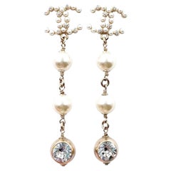 Chanel Brand New Gold CC Pearl Crystal Long Dangle Piercing Earrings