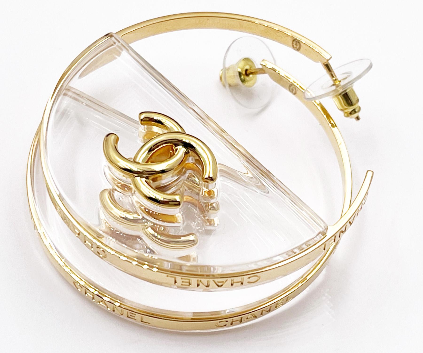 De las mujeres Chanel Nuevo Oro CC Redondo Transparente Pendientes Piercing Gran Aro en venta