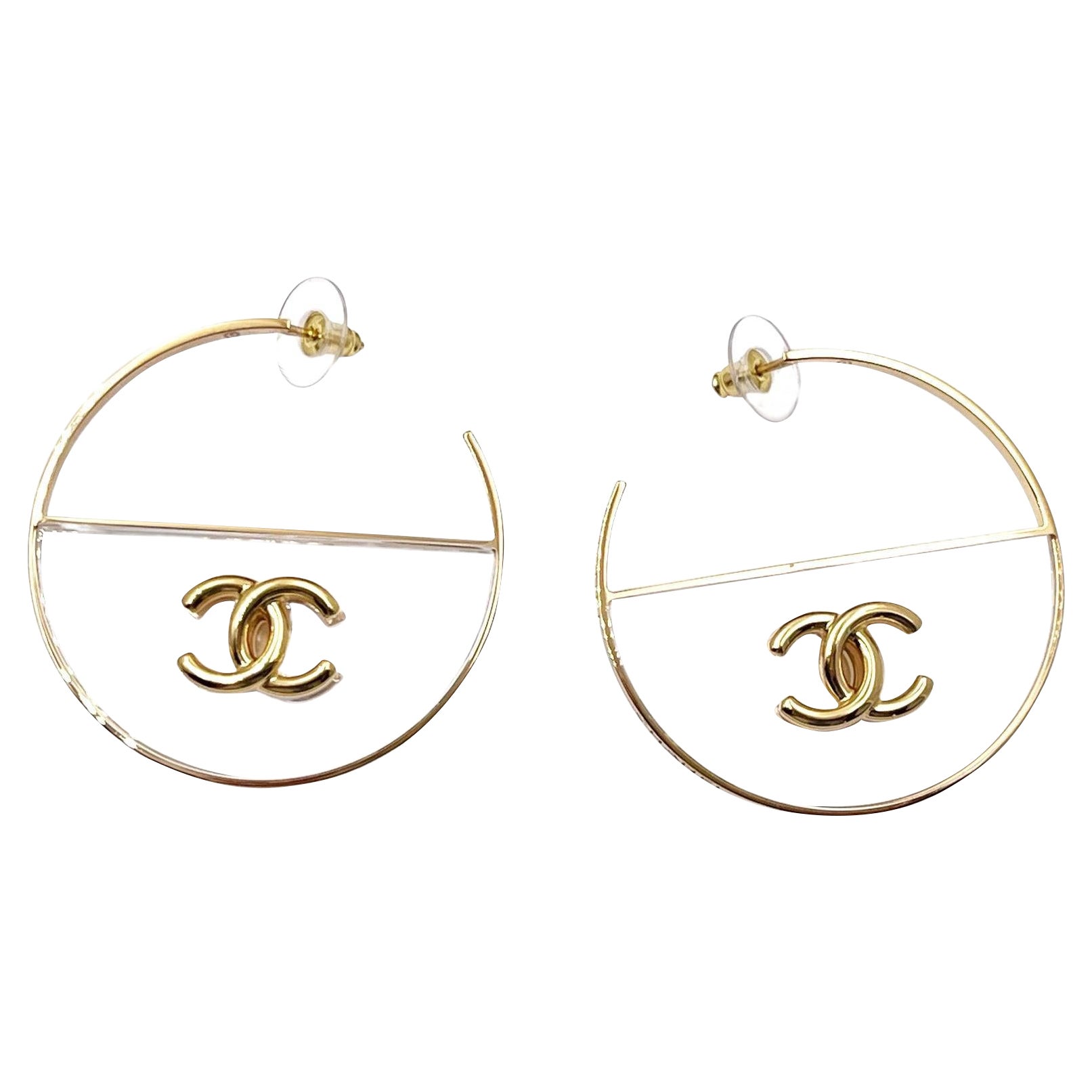Chanel Nuevo Oro CC Redondo Transparente Pendientes Piercing Gran Aro en venta
