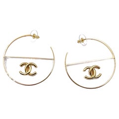 Chanel Brand New Gold CC Round Transparent Large Hoop Piercing Earrings