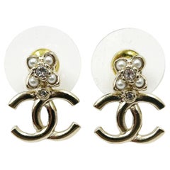 Chanel Brand New Gold CC Seed Pearl Flower Small Piercing Earrings  