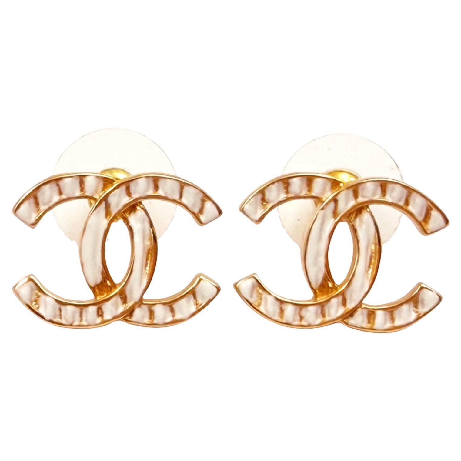 Chanel Brand New Gold CC White Stripe Piercing Earrings