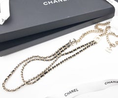 Chanel Brand New Gold Chain Leather Long Necklace Gold Camellia Brooch Set