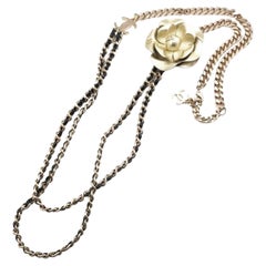 Chanel Brand New Gold Chain Leather Long Necklace Gold Camellia Brooch Set