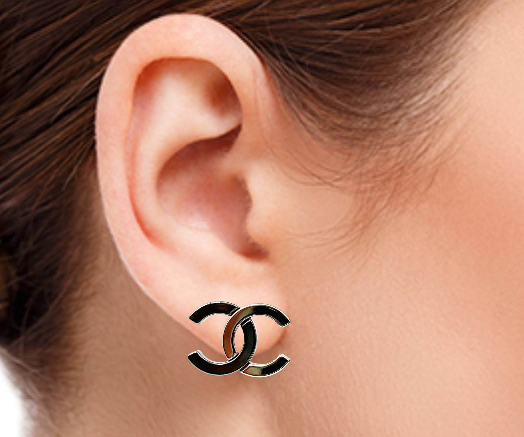 Artisan Chanel Brand New Gold Gunmetal CC Half Half Large Piercing Earrings For Sale