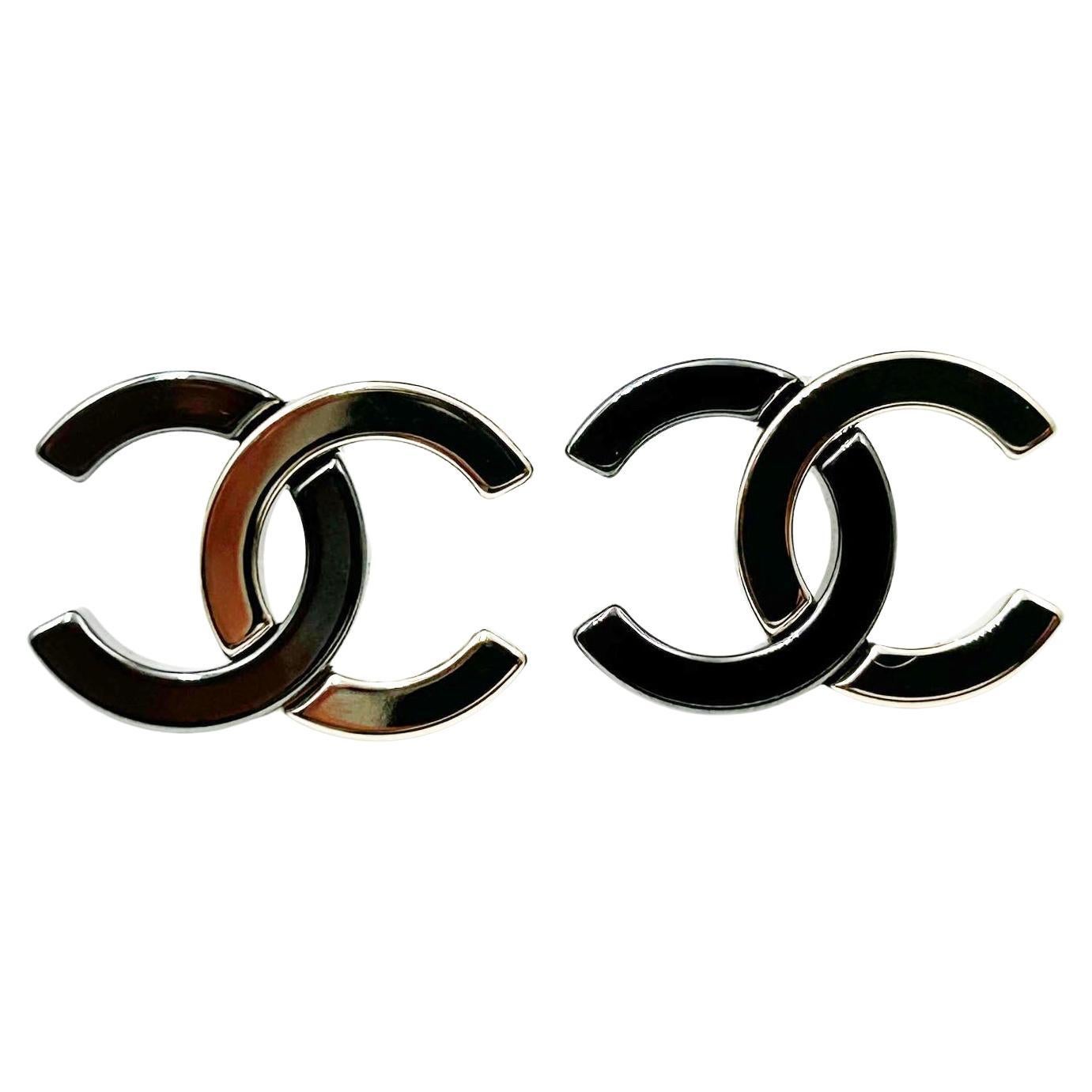 Chanel Brand New Gold Gunmetal CC Half Half Large Piercing Earrings For Sale