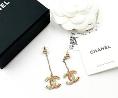 Chanel Brand New Gold Rainbow Pink Blue Yellow Long Dangle Piercing Earrings