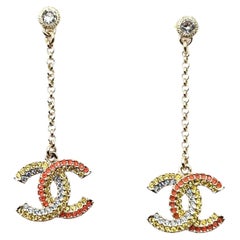 Chanel Brand New Gold Rainbow Pink Blue Yellow Long Dangle Piercing Earrings