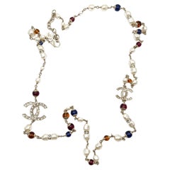 Chanel Brand New Gold Scratchy CC Blue Red Bead Pearl Long Necklace