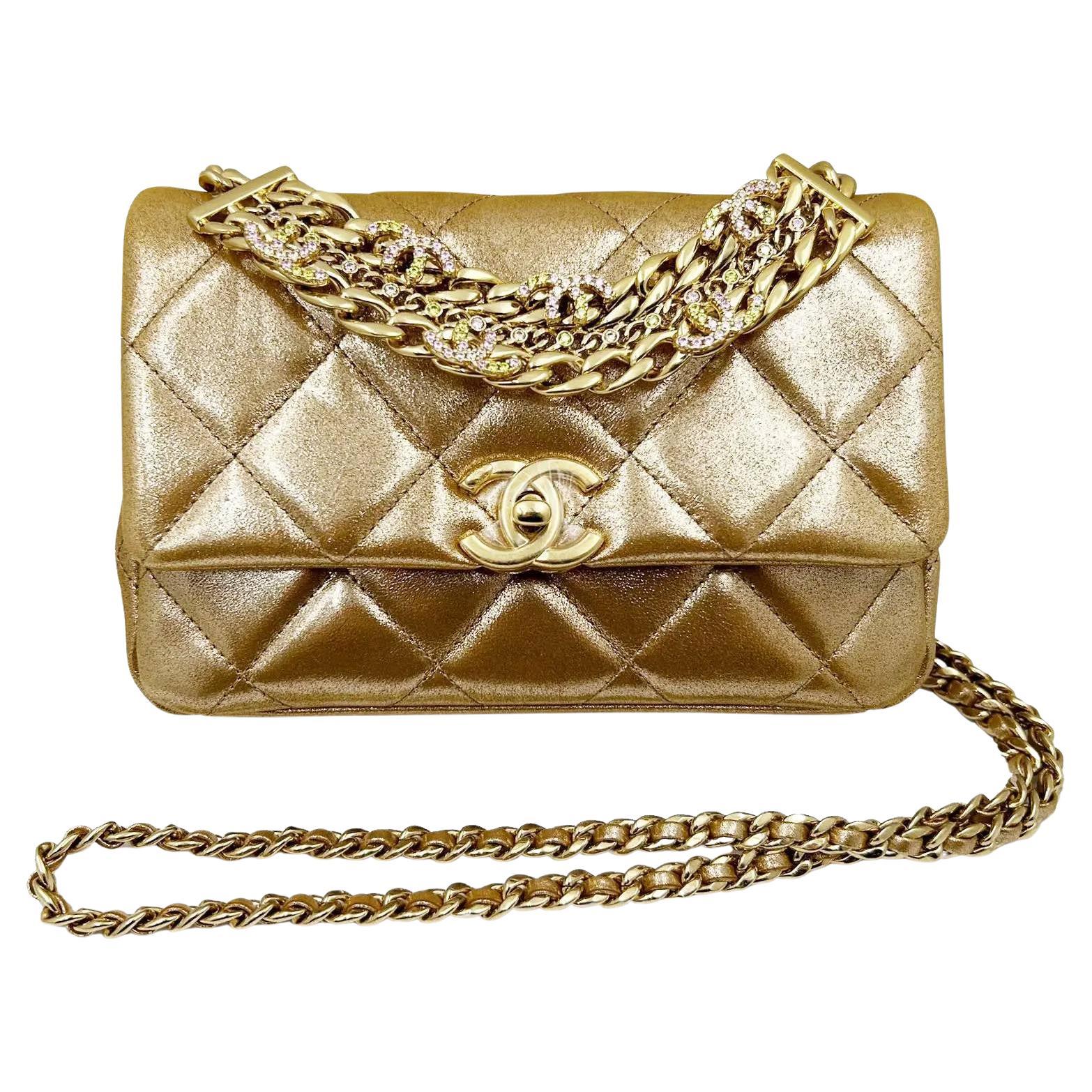 Chanel Brand New Gold Shimmer Crystal CC Handle Crossbody 2 Way Bag For Sale