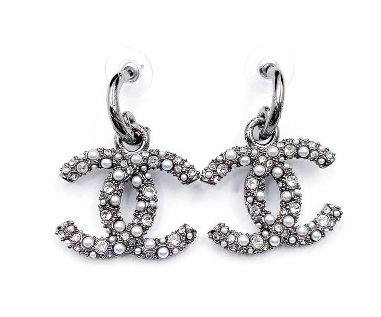 Chanel Brand New Grey CC Crystal Pearl XL Piercing Earrings