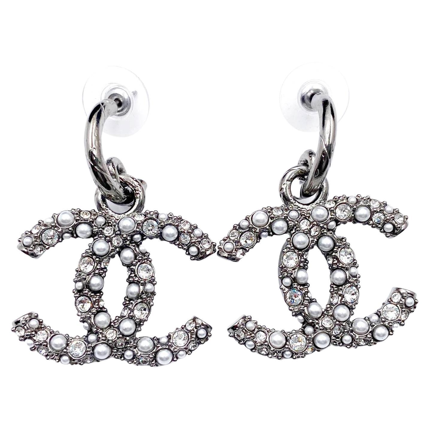 Chanel Brand New Grey CC Crystal Pearl XL Piercing Earrings