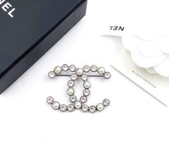 Chanel Brand New Grey CC Pearl Crystal Brooch