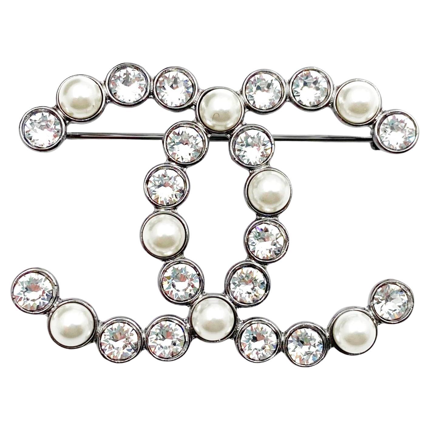 Chanel Brand New Grey CC Pearl Crystal Brooch For Sale