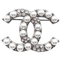 Chanel Brand New Gunmetal CC Crystal Pearl Brooch Chanel Brand New Gunmetal CC Crystal Pearl Brooch