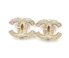 Chanel Brand New Light Gold CC Pink Plaid Pearl Large Clip On Earrings