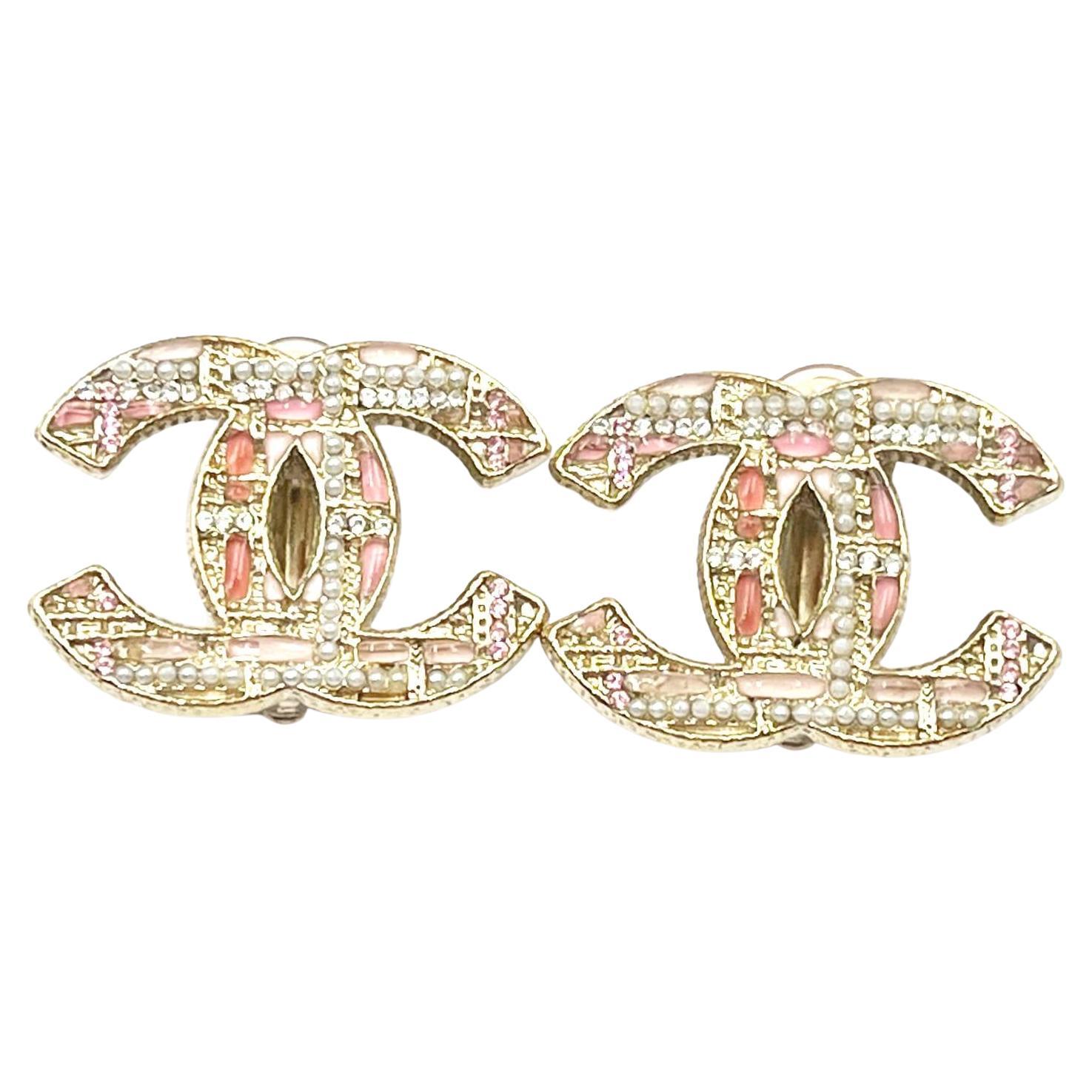 Chanel Brand New Light Gold CC Pink Plaid Pearl Large Clip On Earrings 