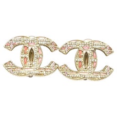 Chanel Brand New Light Gold CC Pink Plaid Pearl Large Clip On Earrings