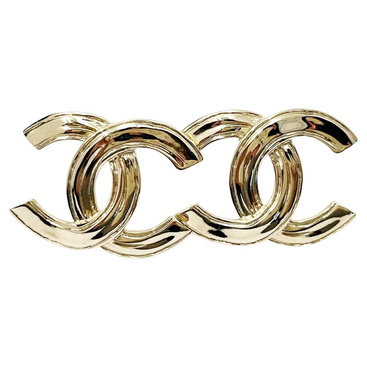 Chanel Brand New Light Gold Textured CC Large Piercing Earrings For Sale